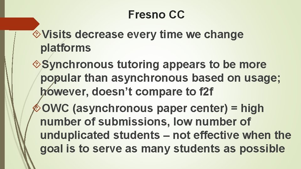 Fresno CC Visits decrease every time we change platforms Synchronous tutoring appears to be