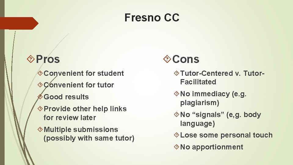 Fresno CC Pros Convenient for student Convenient for tutor Good results Provide other help