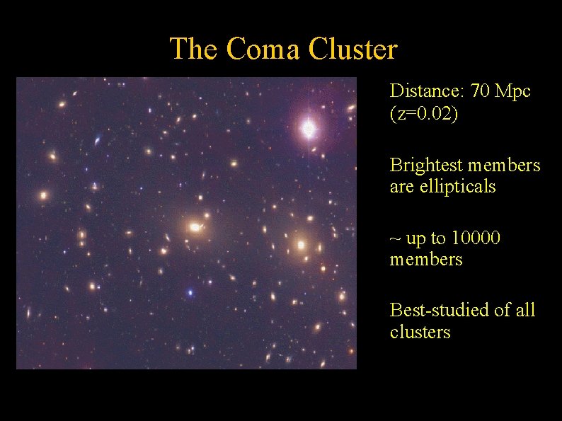 The Coma Cluster ● ● Distance: 70 Mpc (z=0. 02) Brightest members are ellipticals