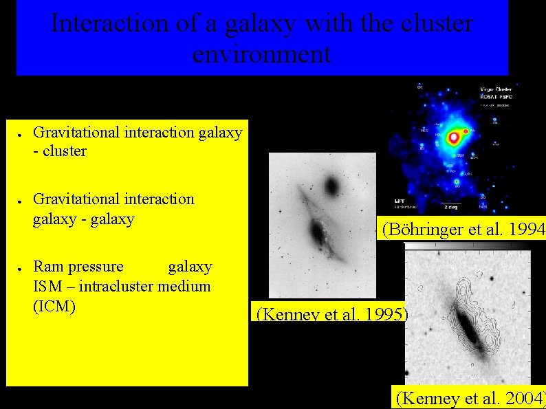 Interaction of a galaxy with the cluster environment ● ● ● Gravitational interaction galaxy