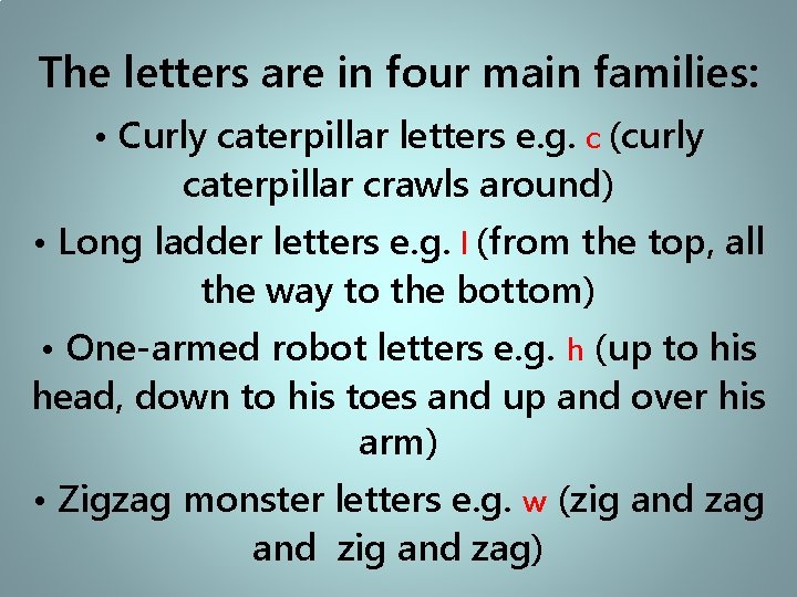 The letters are in four main families: • Curly caterpillar letters e. g. c