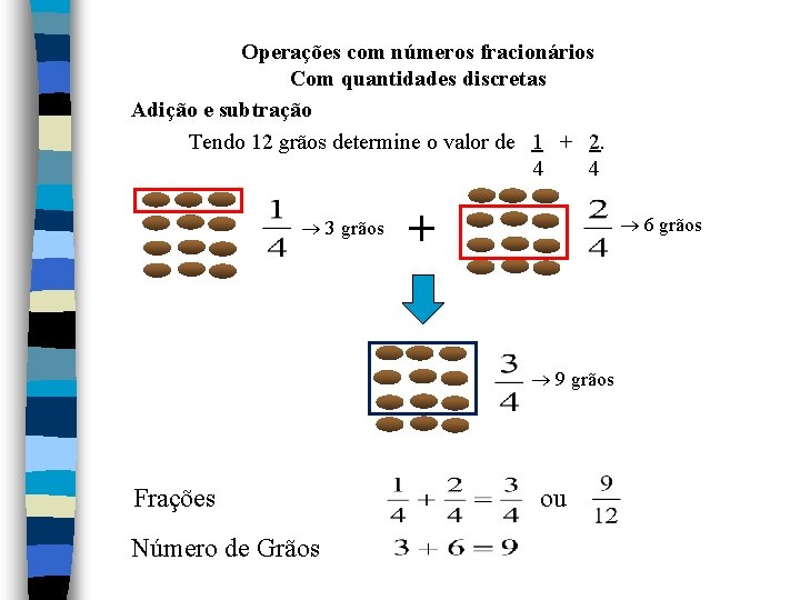 Operações com números fracionários Com quantidades discretas Adição e subtração Tendo 12 grãos determine Operações com números fracionários Com quantidades discretas Adição e subtração Tendo 12 grãos determine