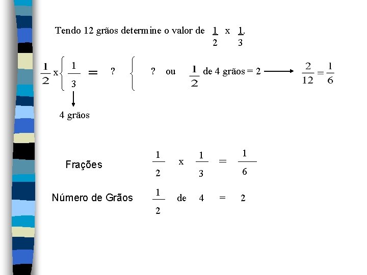 Tendo 12 grãos determine o valor de 1 x 1. 2 3 x 1 Tendo 12 grãos determine o valor de 1 x 1. 2 3 x 1