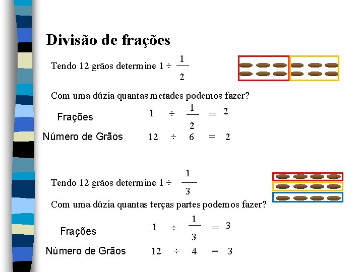 Divisão de frações Tendo 12 grãos determine 1 ÷ 1 2 Com uma dúzia Divisão de frações Tendo 12 grãos determine 1 ÷ 1 2 Com uma dúzia