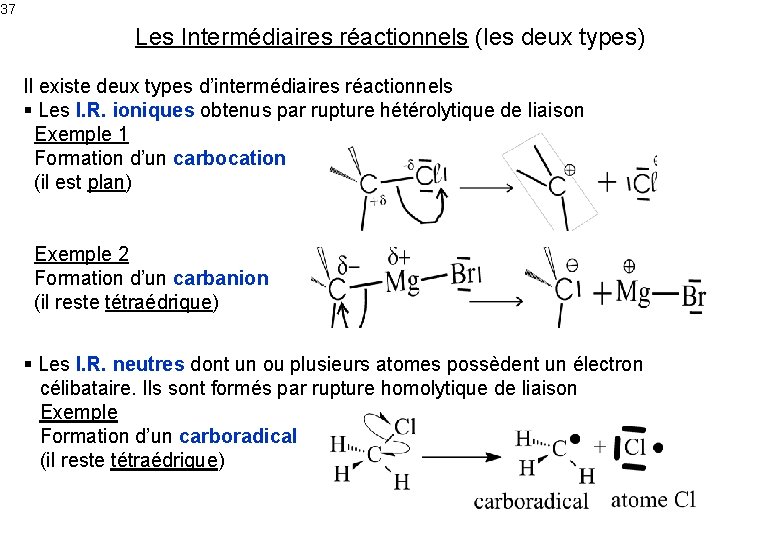 37 Les Intermédiaires réactionnels (les deux types) Il existe deux types d’intermédiaires réactionnels §