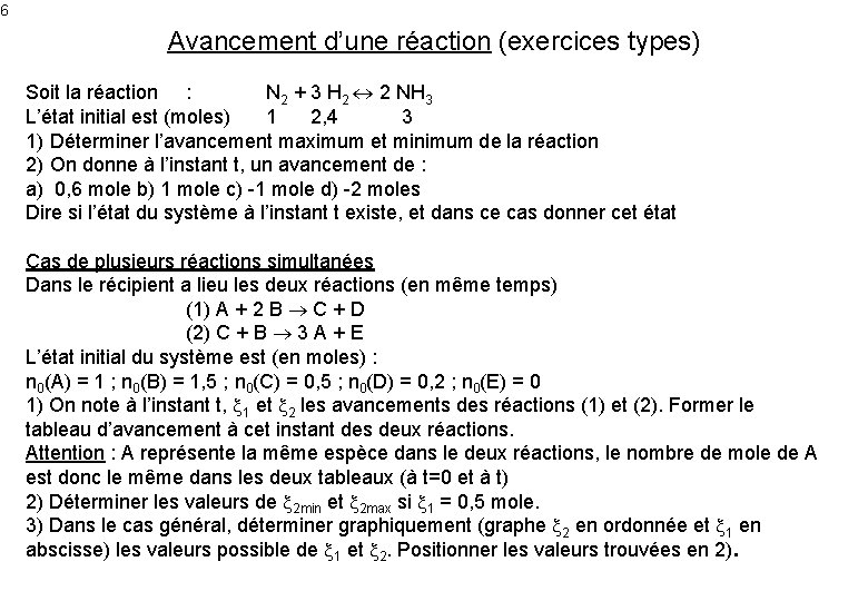 6 Avancement d’une réaction (exercices types) Soit la réaction : N 2 + 3