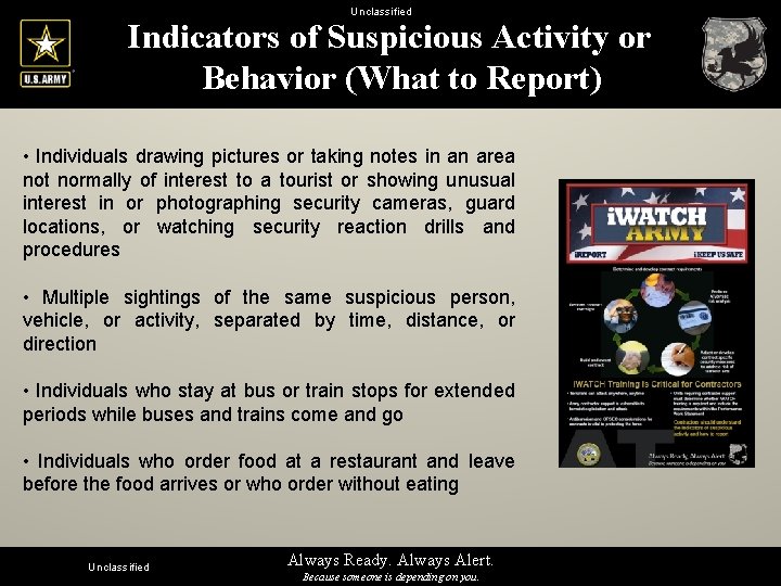 Unclassified Indicators of Suspicious Activity or Behavior (What to Report) • Individuals drawing pictures