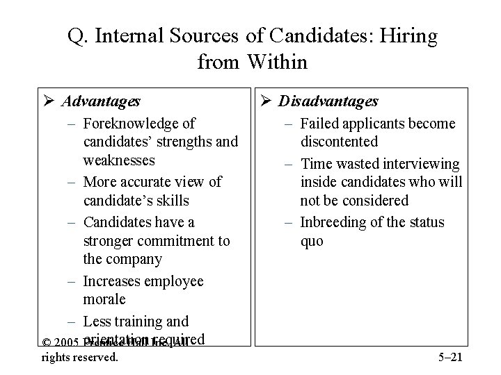 Q. Internal Sources of Candidates: Hiring from Within Ø Advantages – Foreknowledge of candidates’