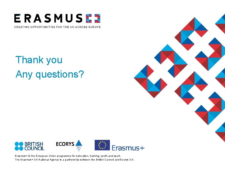 Thank you Any questions? Erasmus+ is the European Union programme for education, training, youth
