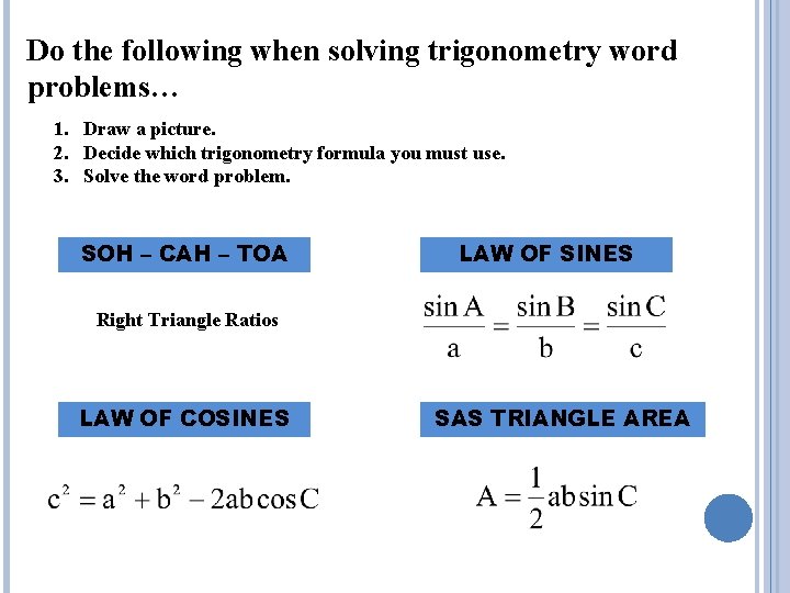 Do the following when solving trigonometry word problems… 1. Draw a picture. 2. Decide