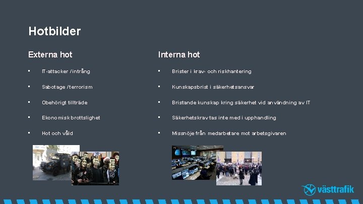 Hotbilder Externa hot Interna hot • IT-attacker / intrång • Brister i krav- och