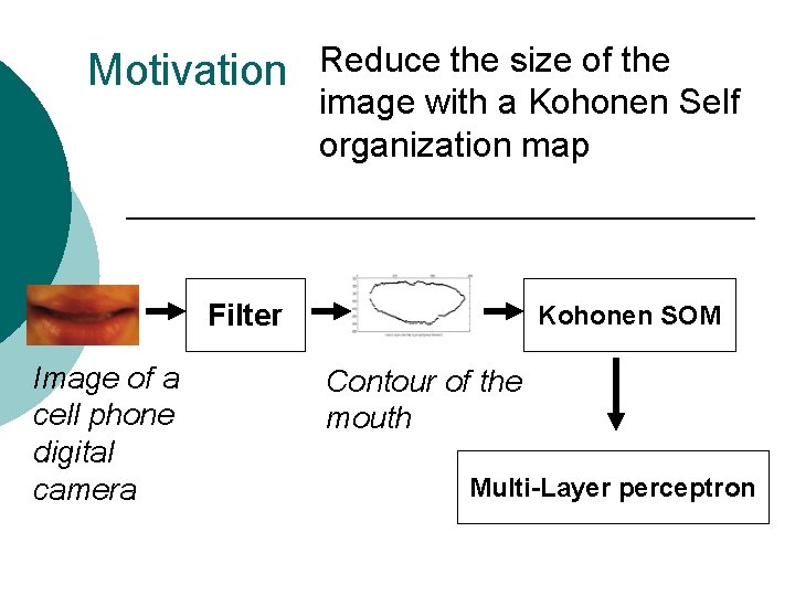 Motivation Reduce the size of the image with a Kohonen Self organization map Filter