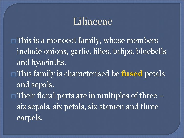 Liliaceae � This is a monocot family, whose members include onions, garlic, lilies, tulips,