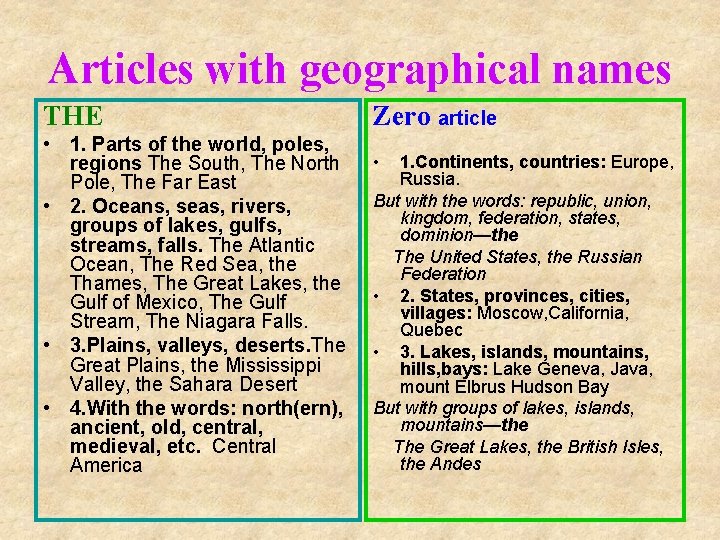 Articles with geographical names THE • 1. Parts of the world, poles, regions The Articles with geographical names THE • 1. Parts of the world, poles, regions The