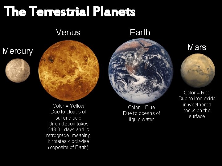 The Terrestrial Planets Venus Earth Mars Mercury Color = Yellow Due to clouds of