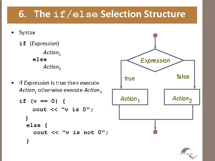 6. The if/else Selection Structure • Syntax if (Expression) Action 1 else Action 2