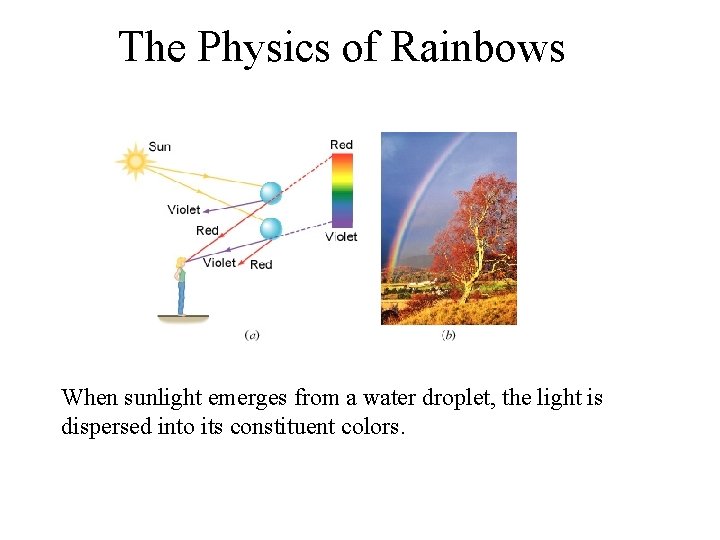 The Physics of Rainbows When sunlight emerges from a water droplet, the light is