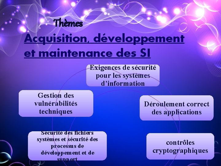 Thèmes Acquisition, développement et maintenance des SI Exigences de sécurité pour les systèmes Thèmes Acquisition, développement et maintenance des SI Exigences de sécurité pour les systèmes