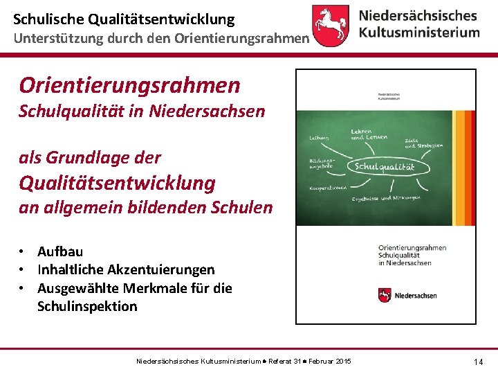 Schulische Qualitätsentwicklung Unterstützung durch den Orientierungsrahmen Schulqualität in Niedersachsen als Grundlage der Qualitätsentwicklung an