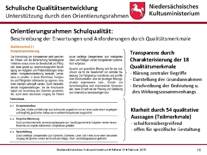 Schulische Qualitätsentwicklung Unterstützung durch den Orientierungsrahmen Schulqualität: Beschreibung der Erwartungen und Anforderungen durch Qualitätsmerkmale