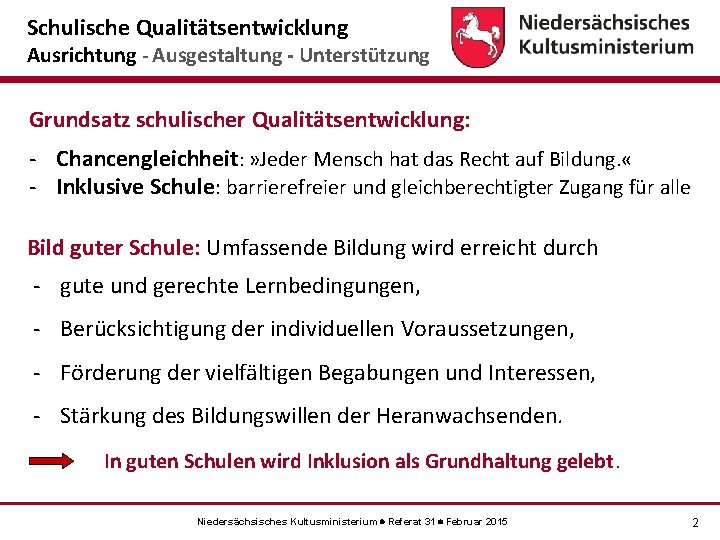 Schulische Qualitätsentwicklung Ausrichtung - Ausgestaltung - Unterstützung Grundsatz schulischer Qualitätsentwicklung: - Chancengleichheit: » Jeder
