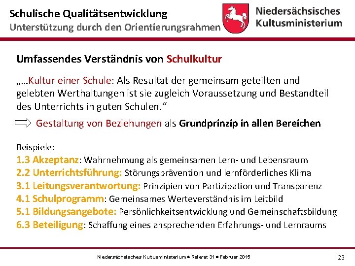 Schulische Qualitätsentwicklung Unterstützung durch den Orientierungsrahmen Umfassendes Verständnis von Schulkultur „…Kultur einer Schule: Als