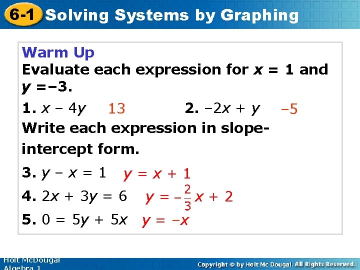 6 -1 Solving Systems by Graphing Warm Up Evaluate each expression for x =
