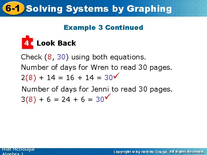 6 -1 Solving Systems by Graphing Example 3 Continued 4 Look Back Check (8,