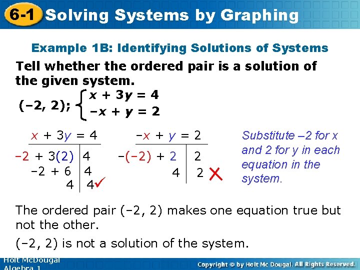 6 -1 Solving Systems by Graphing Example 1 B: Identifying Solutions of Systems Tell