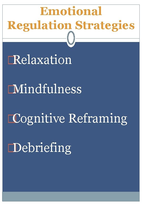 Emotional Regulation Strategies �Relaxation �Mindfulness �Cognitive Reframing �Debriefing 
