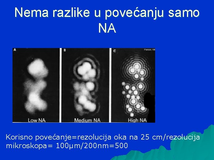 Nema razlike u povećanju samo NA Korisno povećanje=rezolucija oka na 25 cm/rezolucija mikroskopa= 100µm/200