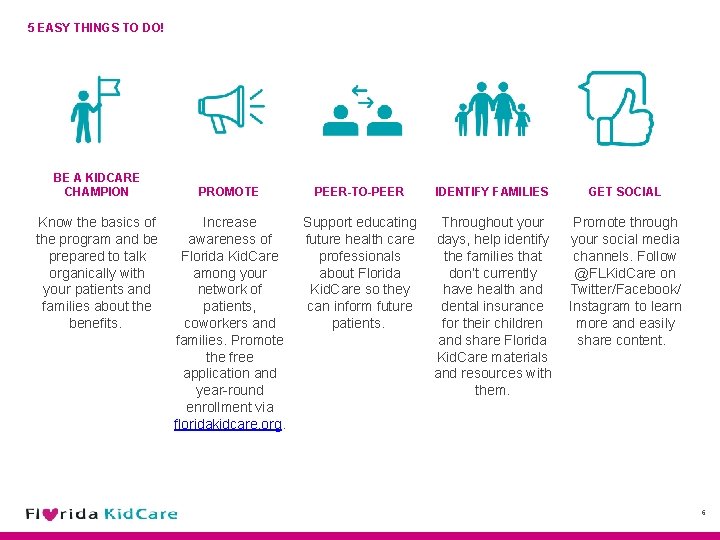 5 EASY THINGS TO DO! BE A KIDCARE CHAMPION Know the basics of the