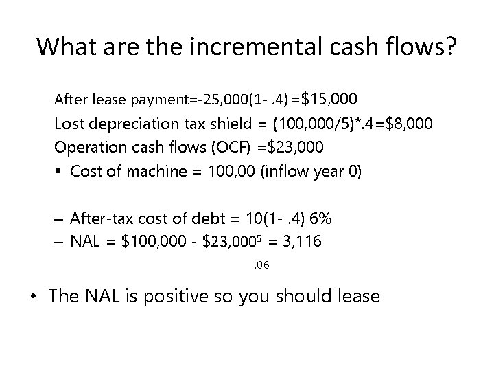 What are the incremental cash flows? After lease payment=-25, 000(1 -. 4) =$15, 000 What are the incremental cash flows? After lease payment=-25, 000(1 -. 4) =$15, 000