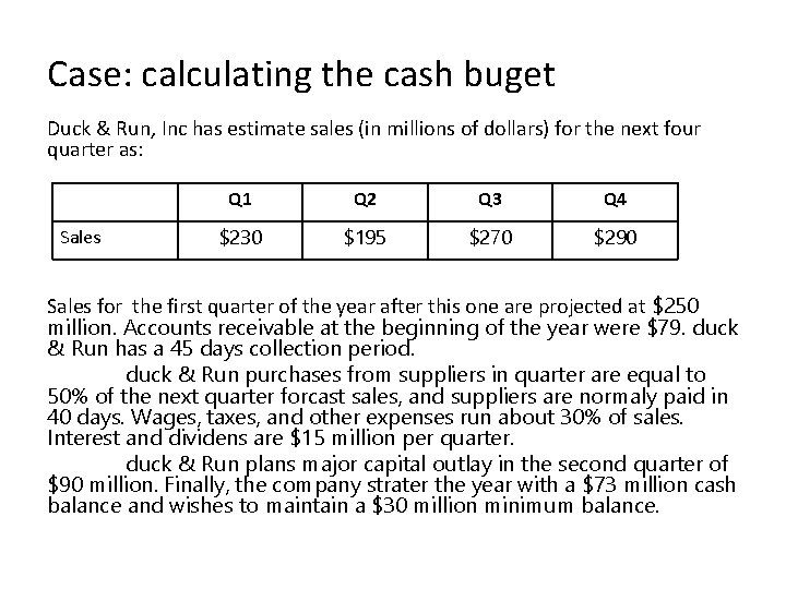 Case: calculating the cash buget Duck & Run, Inc has estimate sales (in millions Case: calculating the cash buget Duck & Run, Inc has estimate sales (in millions