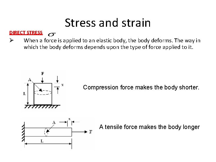 DIRECT STRESS Ø Stress and strain When a force is applied to an elastic
