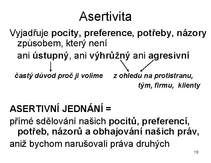 Asertivita Vyjadřuje pocity, preference, potřeby, názory způsobem, který není ani ústupný, ani výhrůžný ani