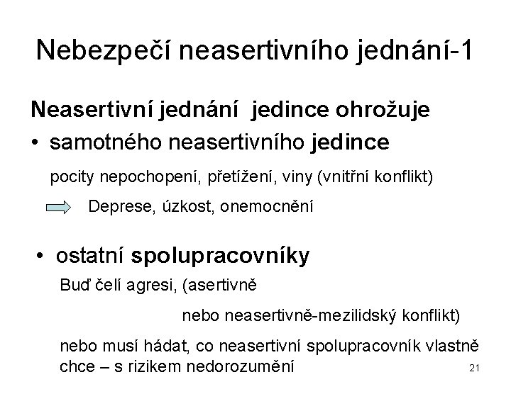 Nebezpečí neasertivního jednání-1 Neasertivní jednání jedince ohrožuje • samotného neasertivního jedince pocity nepochopení, přetížení,
