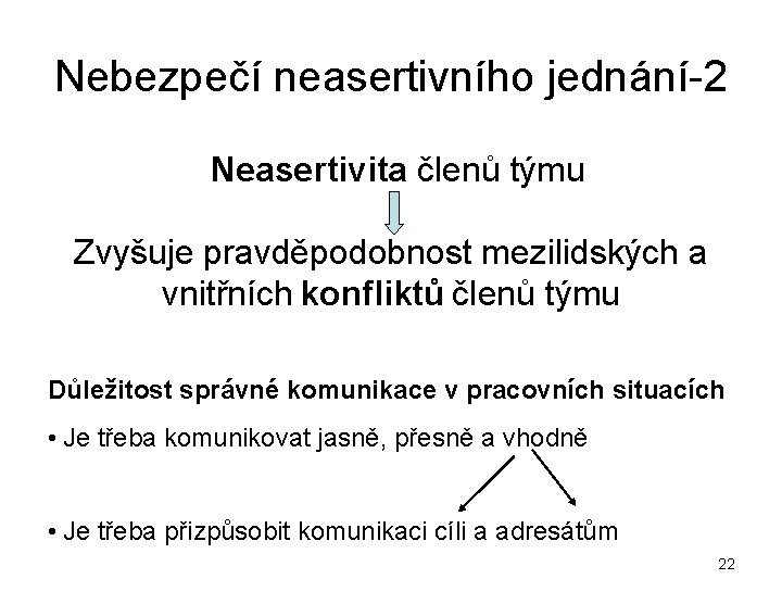 Nebezpečí neasertivního jednání-2 Neasertivita členů týmu Zvyšuje pravděpodobnost mezilidských a vnitřních konfliktů členů týmu