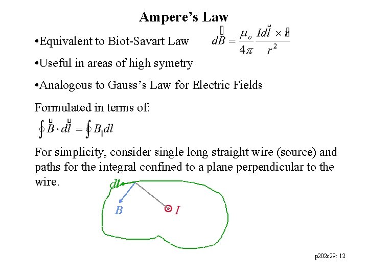 Ampere’s Law • Equivalent to Biot-Savart Law • Useful in areas of high symetry