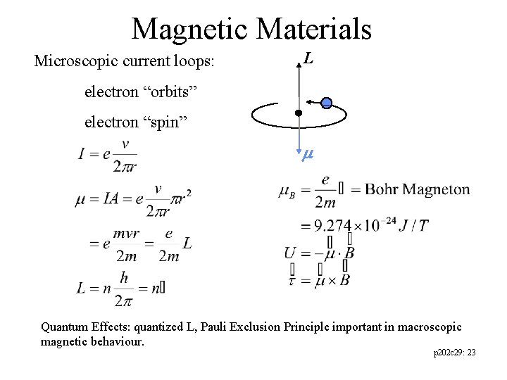 Magnetic Materials Microscopic current loops: L electron “orbits” electron “spin” Quantum Effects: quantized L,