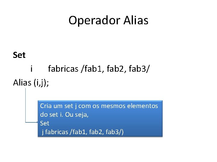 Operador Alias Set i fabricas /fab 1, fab 2, fab 3/ Alias (i, j);