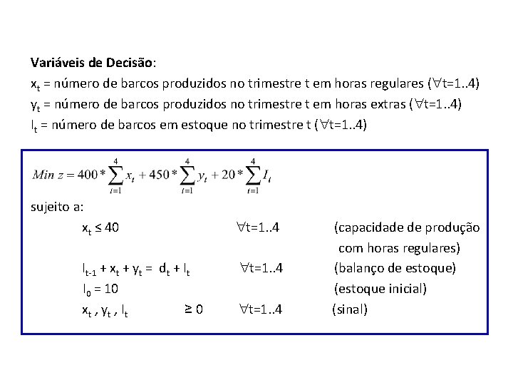 Variáveis de Decisão: xt = número de barcos produzidos no trimestre t em horas