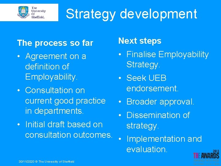 Strategy development The process so far Next steps • Agreement on a definition of