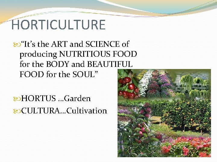 HORTICULTURE “It’s the ART and SCIENCE of producing NUTRITIOUS FOOD for the BODY and