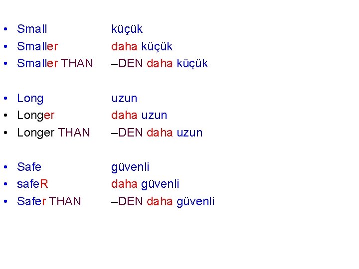 • Smaller THAN küçük daha küçük –DEN daha küçük • Longer THAN uzun • Smaller THAN küçük daha küçük –DEN daha küçük • Longer THAN uzun