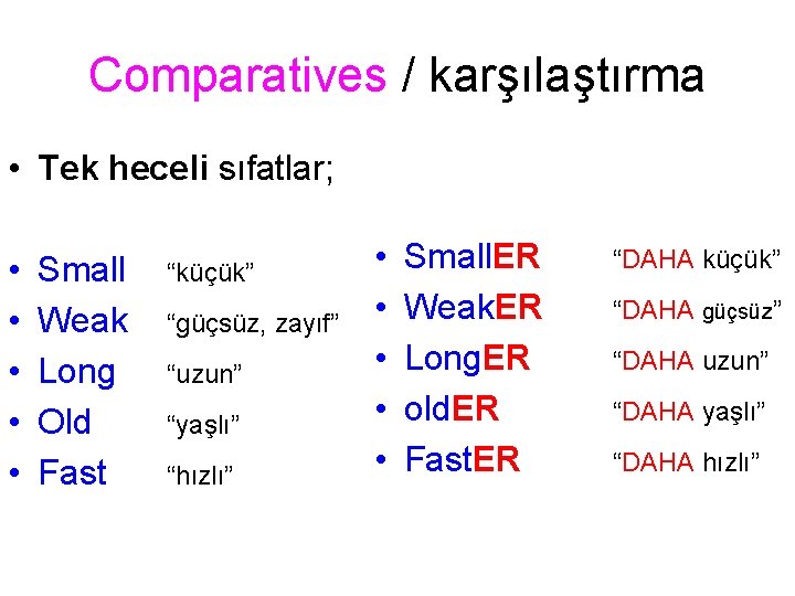 Comparatives / karşılaştırma • Tek heceli sıfatlar; • • • Small Weak Long Old Comparatives / karşılaştırma • Tek heceli sıfatlar; • • • Small Weak Long Old