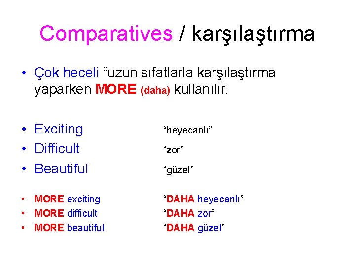 Comparatives / karşılaştırma • Çok heceli “uzun sıfatlarla karşılaştırma yaparken MORE (daha) kullanılır. • Comparatives / karşılaştırma • Çok heceli “uzun sıfatlarla karşılaştırma yaparken MORE (daha) kullanılır. •