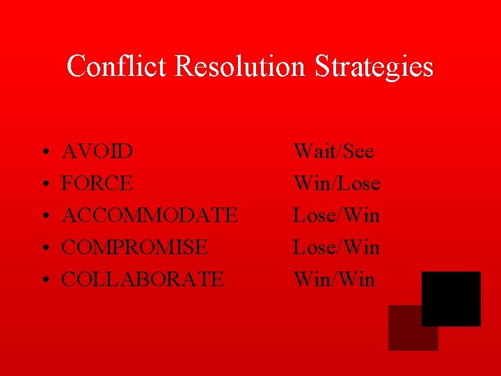 Conflict Resolution Strategies • • • AVOID FORCE ACCOMMODATE COMPROMISE COLLABORATE Wait/See Win/Lose/Win Win/Win