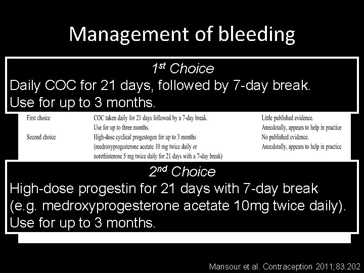Management of bleeding 1 st Choice Daily COC for 21 days, followed by 7 Management of bleeding 1 st Choice Daily COC for 21 days, followed by 7