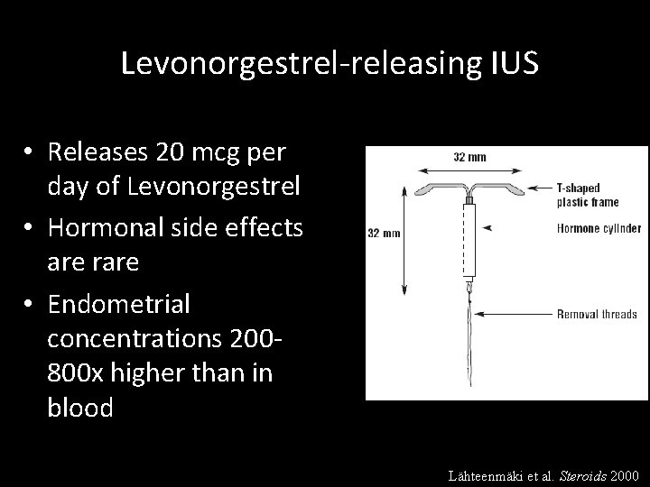 Levonorgestrel-releasing IUS • Releases 20 mcg per day of Levonorgestrel • Hormonal side effects